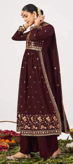 Beige and Brown color Salwar Kameez in Georgette fabric with Embroidered, Stone, Thread, Zari work