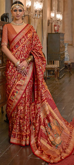 Red and Maroon color Saree in Patola Silk, Silk fabric with Weaving work