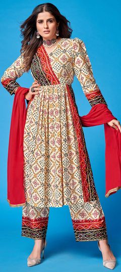 White and Off White color Salwar Kameez in Rayon fabric with Bandhej, Printed work