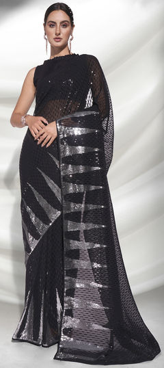 Black and Grey color Saree in Georgette fabric with Embroidered, Sequence, Thread work