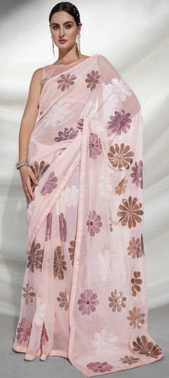 Pink and Majenta color Saree in Georgette fabric with Embroidered, Sequence, Thread work