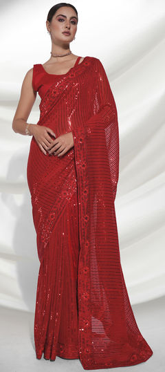 Red and Maroon color Saree in Georgette fabric with Embroidered, Sequence, Thread work