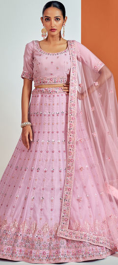 Pink and Majenta color Lehenga in Georgette fabric with Embroidered, Sequence, Thread, Zircon work