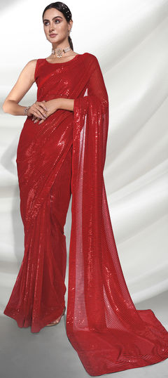 Red and Maroon color Saree in Georgette fabric with Embroidered, Resham, Sequence, Thread work
