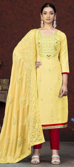 Yellow color Salwar Kameez in Cotton fabric with Embroidered, Thread work