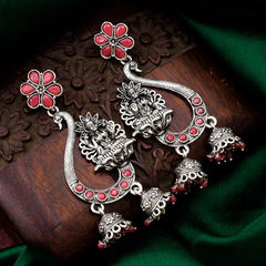 Silver Rodium Polish Red and Maroon color Earrings in Metal Alloy studded with Beads, CZ Diamond