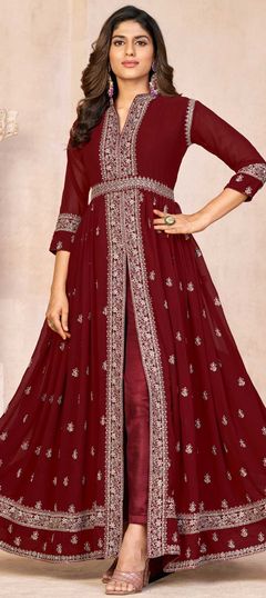 Red and Maroon color Salwar Kameez in Georgette fabric with Embroidered, Sequence, Thread work