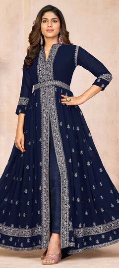 Blue color Salwar Kameez in Georgette fabric with Embroidered, Sequence, Thread work