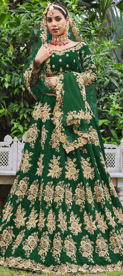 Green color Lehenga in Velvet fabric with Embroidered, Stone, Thread, Zari work