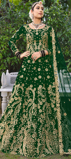 Green color Lehenga in Velvet fabric with Embroidered, Stone, Thread, Zari work