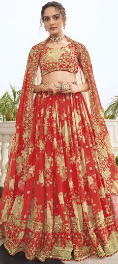 Red and Maroon color Lehenga in Georgette fabric with Digital Print, Floral, Sequence work