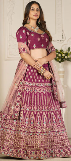 Pink and Majenta color Lehenga in Taffeta Silk fabric with Embroidered, Thread work