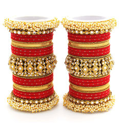 Red and Maroon color Bangles in Metal Alloy studded with CZ Diamond, Pearl & Gold Rodium Polish : 1869396