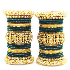 Green color Bangles in Metal Alloy studded with CZ Diamond, Pearl & Gold Rodium Polish : 1869398