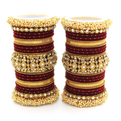 Red and Maroon color Bangles in Metal Alloy studded with CZ Diamond, Pearl & Gold Rodium Polish : 1869401