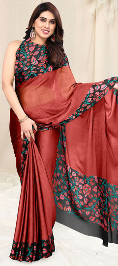 Red and Maroon color Saree in Chiffon fabric with Printed work