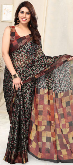 Black and Grey color Saree in Chiffon fabric with Printed work