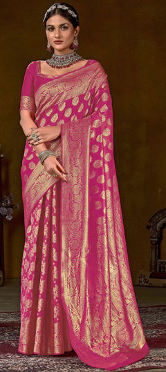 Party Wear, Reception, Traditional Pink and Majenta color Saree in Kanjeevaram Silk, Silk fabric with South Weaving, Zari work : 1869561