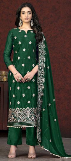 Green color Salwar Kameez in Chanderi Silk fabric with Embroidered, Moti, Thread, Zari work