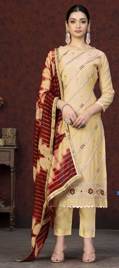 Beige and Brown color Salwar Kameez in Chanderi Silk fabric with Embroidered, Moti, Thread, Zari work