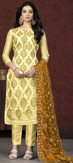 Yellow color Salwar Kameez in Chanderi Silk fabric with Embroidered, Printed, Thread work