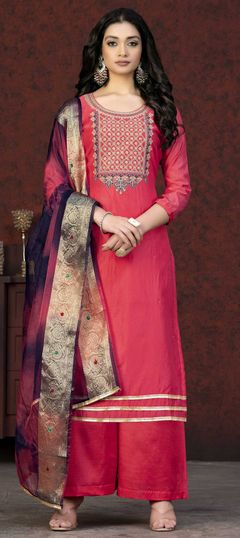 Pink and Majenta color Salwar Kameez in Chanderi Silk fabric with Embroidered, Moti, Thread, Zari work