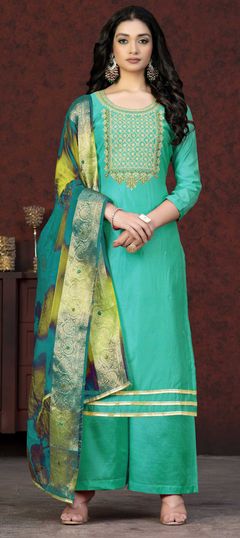 Blue color Salwar Kameez in Chanderi Silk fabric with Embroidered, Moti, Thread, Zari work