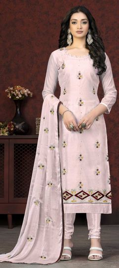 Pink and Majenta color Salwar Kameez in Chanderi Silk fabric with Embroidered, Stone, Thread, Zari work