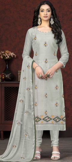 Black and Grey color Salwar Kameez in Chanderi Silk fabric with Embroidered, Stone, Thread, Zari work