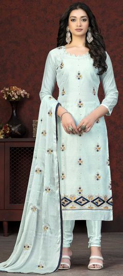 Blue color Salwar Kameez in Chanderi Silk fabric with Embroidered, Stone, Thread, Zari work