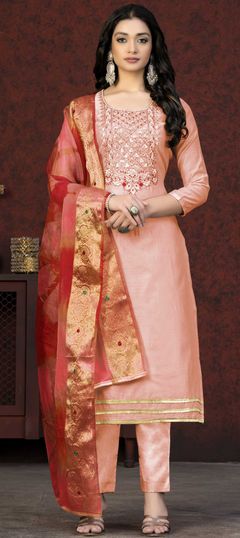 Pink and Majenta color Salwar Kameez in Chanderi Silk fabric with Embroidered, Lace, Resham, Thread work