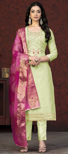 Green color Salwar Kameez in Chanderi Silk fabric with Embroidered, Lace, Resham, Thread work