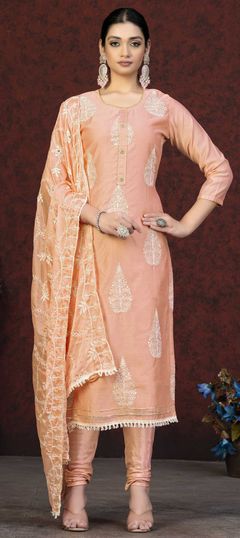 Pink and Majenta color Salwar Kameez in Chanderi Silk fabric with Embroidered, Sequence, Thread work