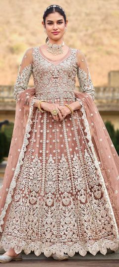 Pink and Majenta color Salwar Kameez in Net fabric with Embroidered, Stone, Thread work