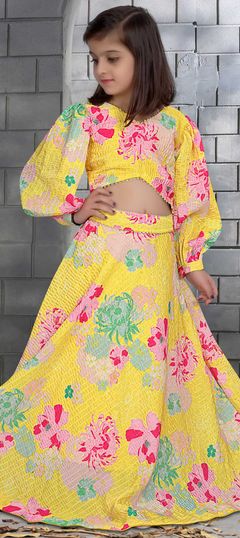 Party Wear Yellow color Kids Lehenga in Art Silk fabric with Floral, Printed, Sequence work : 1869849