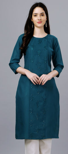 Blue color Kurti in Cotton fabric with Embroidered, Resham, Thread work