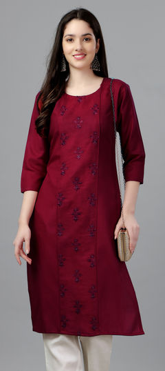 Red and Maroon color Kurti in Cotton fabric with Embroidered, Resham, Thread work