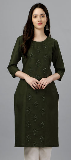 Green color Kurti in Cotton fabric with Embroidered, Resham, Thread work