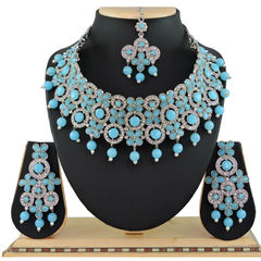 Gold Rodium Polish Blue color Necklace in Metal Alloy studded with Austrian diamond