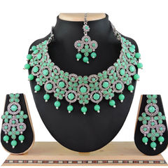 Gold Rodium Polish Green color Necklace in Metal Alloy studded with Austrian diamond