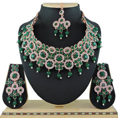 Gold Rodium Polish Green color Necklace in Metal Alloy studded with Austrian diamond