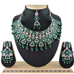 Silver Rodium Polish Green color Necklace in Metal Alloy studded with Austrian diamond