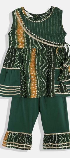 Green color Girls Top with Bottom in Rayon fabric with Bandhej, Gota Patti, Printed work