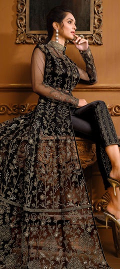 Black and Grey color Salwar Kameez in Net fabric with Bugle Beads, Sequence, Thread work