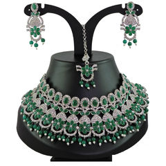 Silver Rodium Polish Green color Necklace in Metal Alloy studded with Austrian diamond