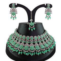 Silver Rodium Polish Green color Necklace in Metal Alloy studded with Austrian diamond