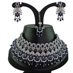 Silver Rodium Polish Blue color Necklace in Metal Alloy studded with Austrian diamond