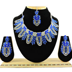 Gold Rodium Polish Blue color Necklace in Metal Alloy studded with Austrian diamond