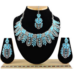 Gold Rodium Polish Blue color Necklace in Metal Alloy studded with Austrian diamond