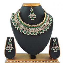 Gold Rodium Polish Green color Necklace in Metal Alloy studded with CZ Diamond
